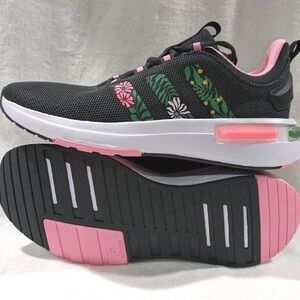 adidas Black Athletic Shoes with Pink & Green Floral Stripes